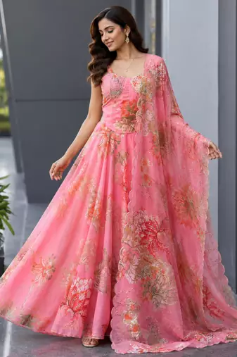 pink organza printed  lehenga choli with free size upto 42