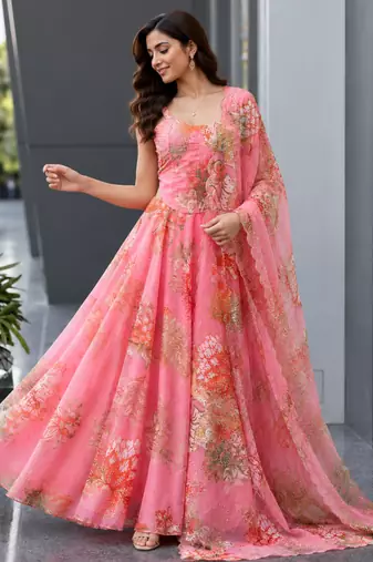 pink organza printed  lehenga choli with free size upto 42
