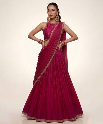 Deep Fuchsia Pink Embroidered Dupion Silk Lehenga Set 1
