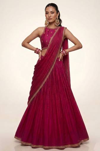Deep Fuchsia Pink Embroidered Dupion Silk Lehenga Set