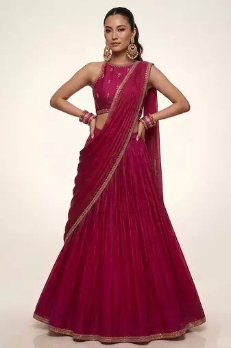 Deep Fuchsia Pink Embroidered Dupion Silk Lehenga Set