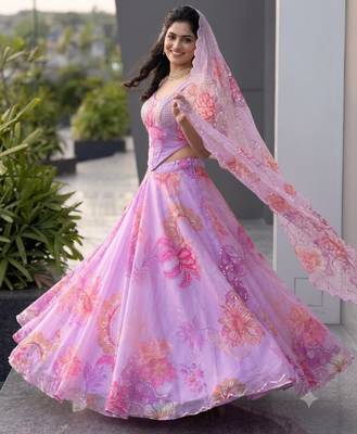 purple organza printed  lehenga choli with free size upto 42 5
