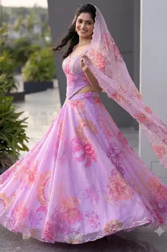 purple organza printed  lehenga choli with free size upto 42
