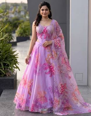 purple organza printed  lehenga choli with free size upto 42 1
