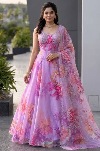 purple organza printed  lehenga choli with free size upto 42
