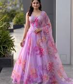 purple organza printed  lehenga choli with free size upto 42