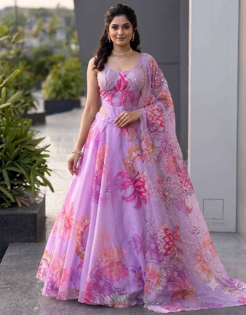 purple organza printed  lehenga choli with free size upto 42