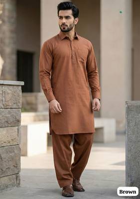 Brown premium cotton pathani kurta salwar set for men 1