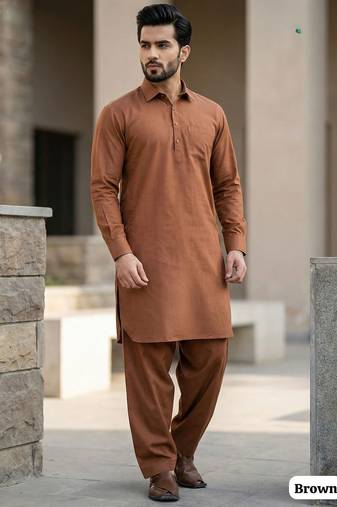 Brown premium cotton pathani kurta salwar set for men