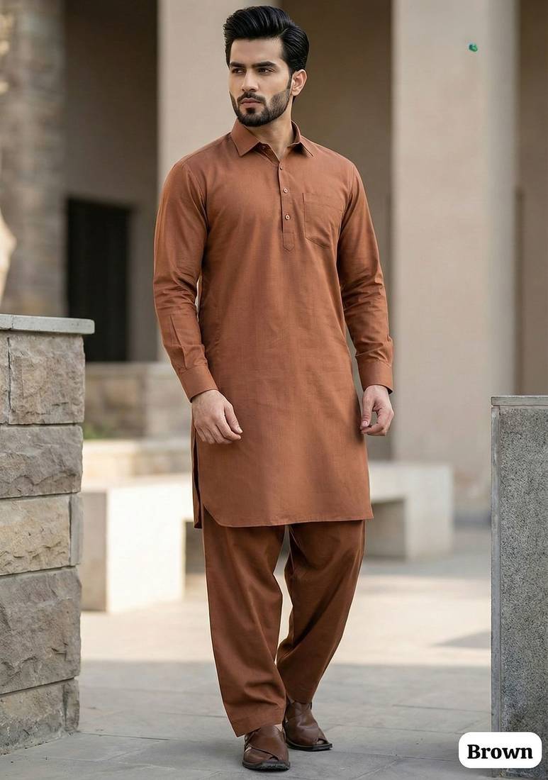 Brown premium cotton pathani kurta salwar set for men
