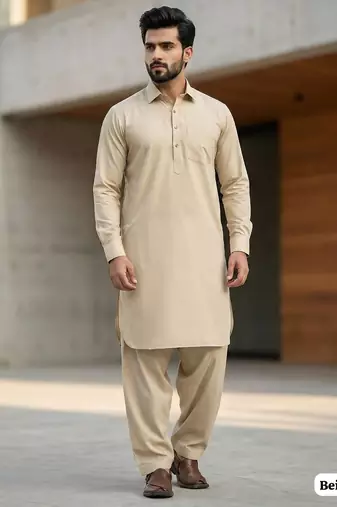 Beige premium cotton pathani kurta salwar set for men