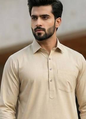 Beige premium cotton pathani kurta salwar set for men 2