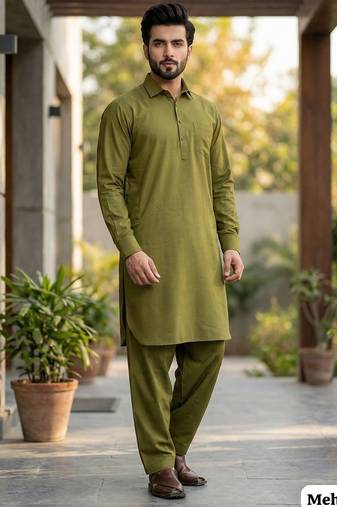 Green premium cotton pathani kurta salwar set for men
