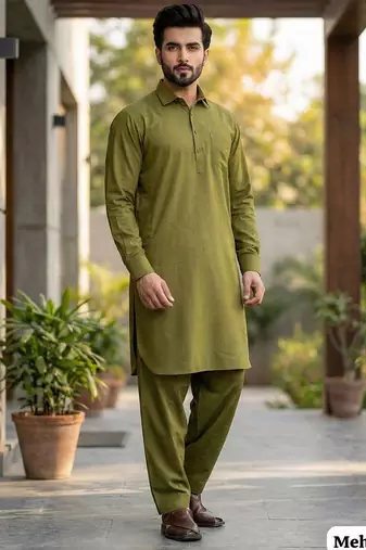 Green premium cotton pathani kurta salwar set for men