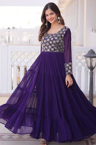 Blue faux georgette readymade gown with sequin  & embroidery work