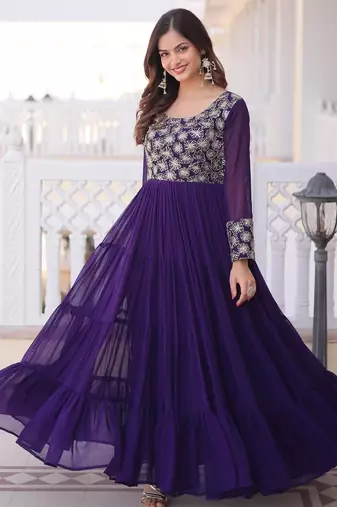 Blue faux georgette readymade gown with sequin  & embroidery work