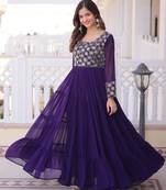 Blue faux georgette readymade gown with sequin  & embroidery work