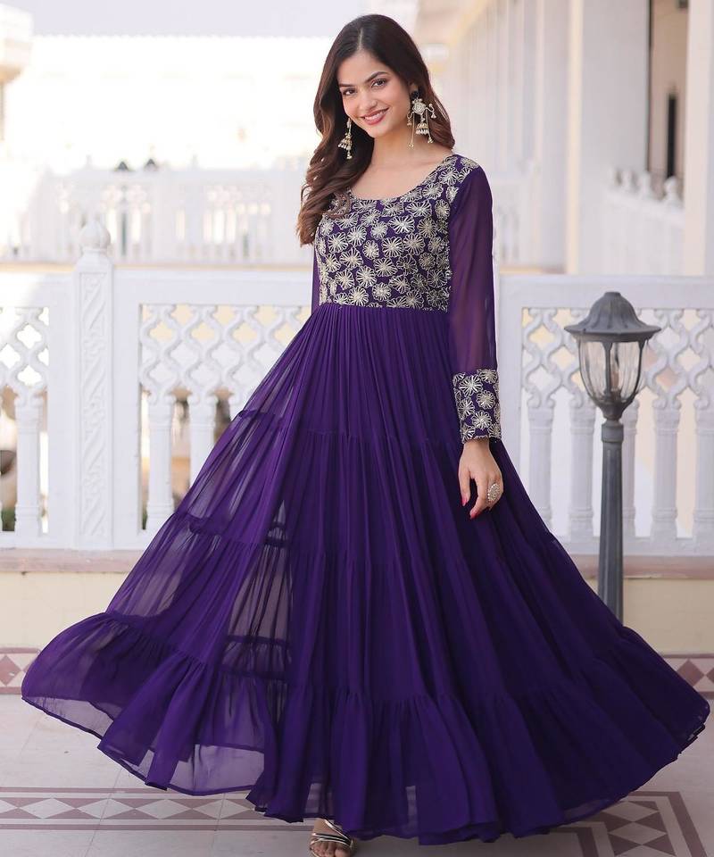 Blue faux georgette readymade gown with sequin  & embroidery work
