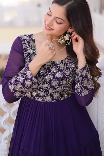 Blue faux georgette readymade gown with sequin  & embroidery work