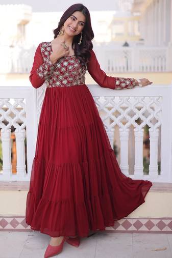Maroon faux georgette readymade gown with sequin  & embroidery work