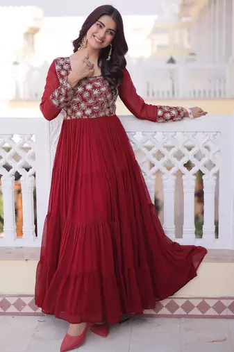 Maroon faux georgette readymade gown with sequin  & embroidery work