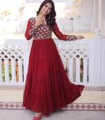 Maroon faux georgette readymade gown with sequin  & embroidery work