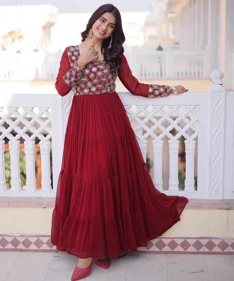 Maroon faux georgette readymade gown with sequin  & embroidery work