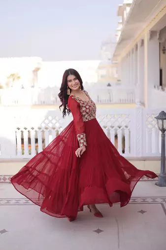 Maroon faux georgette readymade gown with sequin  & embroidery work