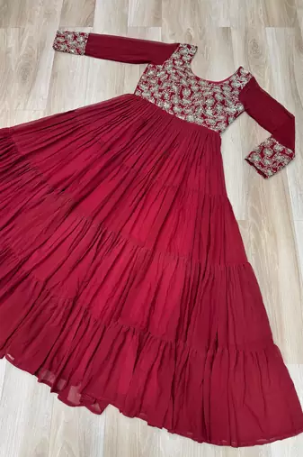 Maroon faux georgette readymade gown with sequin  & embroidery work