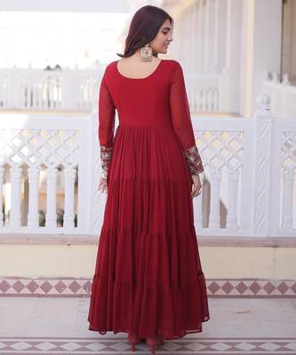 Maroon faux georgette readymade gown with sequin  & embroidery work 4