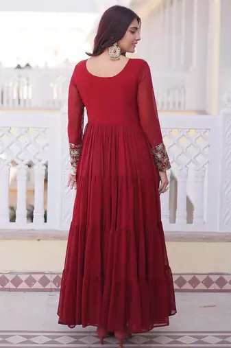 Maroon faux georgette readymade gown with sequin  & embroidery work