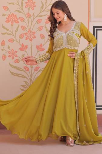 Mustard georgette readymade anarkali suit with beads & embroidery work
