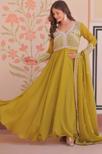 Mustard georgette readymade anarkali suit with beads & embroidery work
