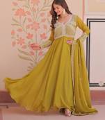 Mustard georgette readymade anarkali suit with beads & embroidery work