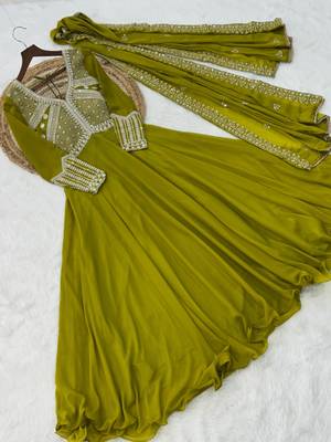 Mustard georgette readymade anarkali suit with beads & embroidery work 3