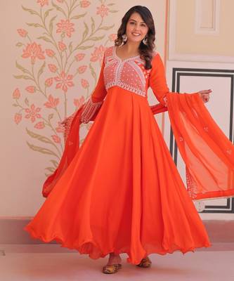 Orange georgette readymade anarkali suit with beads & embroidery work 1