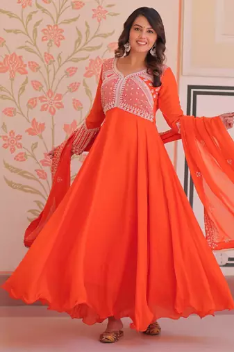 Orange georgette readymade anarkali suit with beads & embroidery work