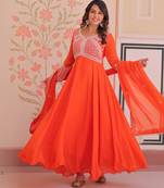 Orange georgette readymade anarkali suit with beads & embroidery work
