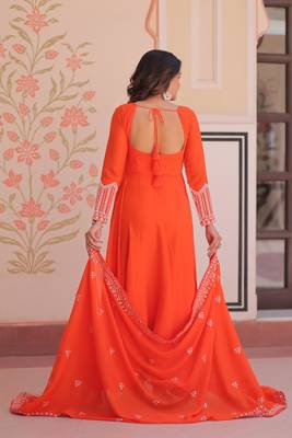 Orange georgette readymade anarkali suit with beads & embroidery work 4
