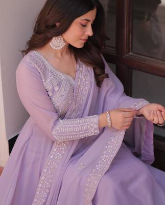 Lavender georgette readymade anarkali suit with beads & embroidery work 2