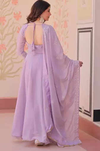 Lavender georgette readymade anarkali suit with beads & embroidery work