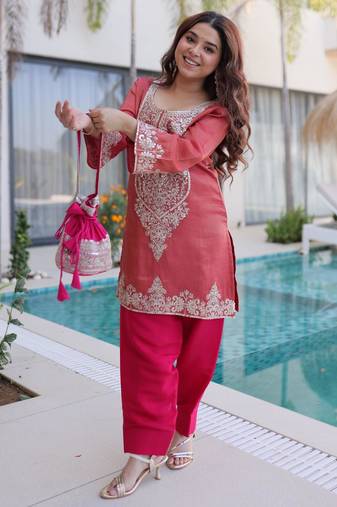 Peach viscose readymade suit with zari sequin  & embroidery work