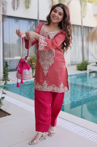 Peach viscose readymade suit with zari sequin  & embroidery work