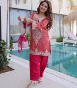 Peach viscose readymade suit with zari sequin  & embroidery work