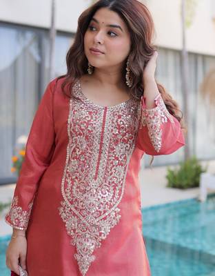 Peach viscose readymade suit with zari sequin  & embroidery work 2