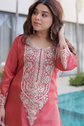 Peach viscose readymade suit with zari sequin  & embroidery work