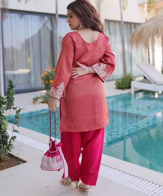 Peach viscose readymade suit with zari sequin  & embroidery work 4