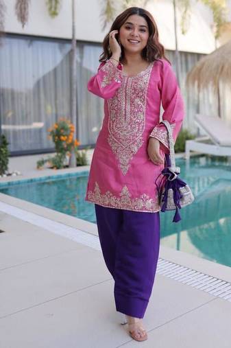 Pink viscose readymade suit with zari sequin  & embroidery work