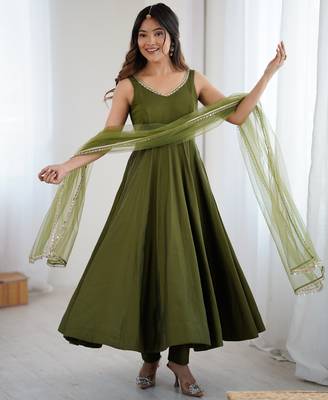 Women's Beautiful Roman Silk Chanderi Fabric Flared Anarkali Pant and Dupatta Set 1