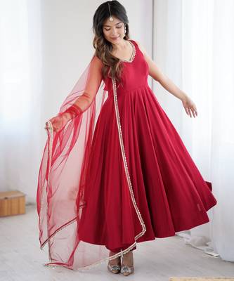 Women's Beautiful Roman Silk Chanderi Fabric Flared Anarkali Pant and Dupatta Set 1
